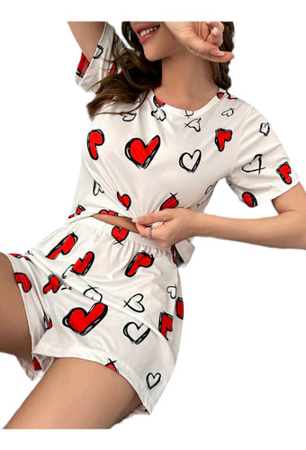 Conjunto De Pijama Shorts Con Camiseta Estampado De Corazón 