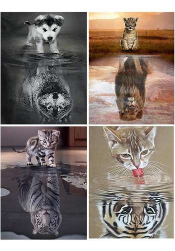 4 Set Pintura De Diamantes Gato Tigre, León 40x30 Cm
