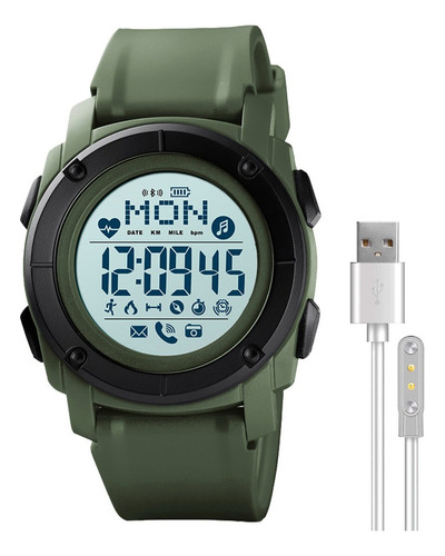 Reloj Hombre Skmei 1577 Bluetooth Recargable Usb Pedometro Color De La Malla Verde Militar