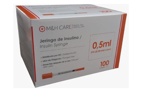 Jeringa De Insulina 0.5 Ml 31g ( 0.25mm ) X 6mm Caja X 100 