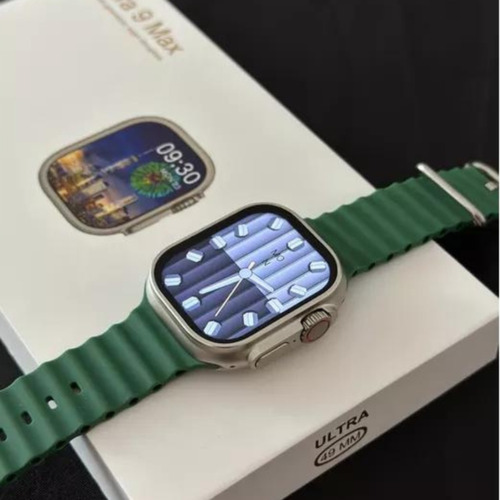 Watch Ultra 9 Max Com Tela Nível Amoled Cpu Dual Core Caixa Prateado Pulseira Verde-musgo Bisel Prateado Desenho Da Pulseira Silicone