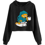 Blusa Moletom Cropped Feminino Garfield Gato Pijama Café Top