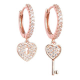 Aros Argollas Corazón Llave Micro Pave- Plata 925 Rosé