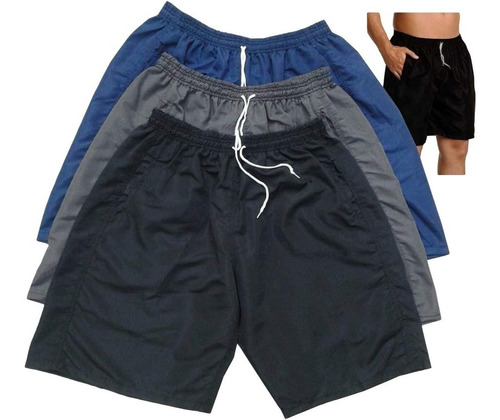 Kit 3 Bermudas Tactel Plus Preta Cinza Azul Moda Praia Verão