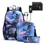 Mochila Escolar Stitch Primaria +usb Casual Conjunto 3 Pcs