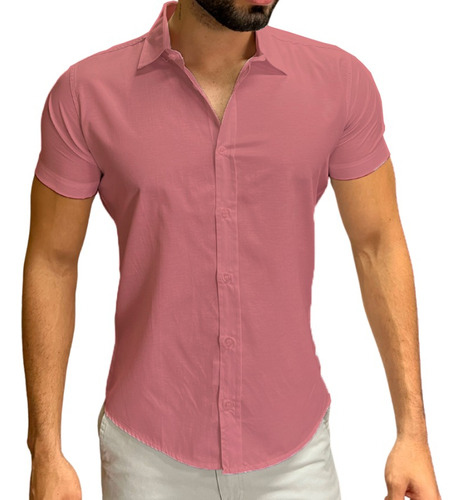 Camisa Social Masculina Manga Curta Slim Fit Com Elastano