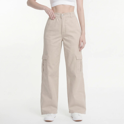 Pantalón Mujer Cargo Wide Leg Gabardina Jogger Pierna Ancha