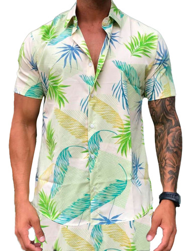 Conjunto Verão Masculino Praia Estampado Camisa Lisa Viscose