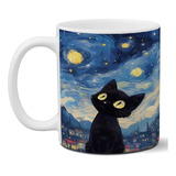 Taza De Cerámica Gato Negro Noche Estrellada Art Gn 78