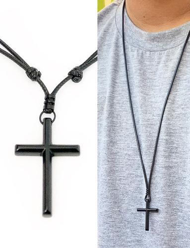 Colar Masculino Fem Crucifixo Cruz Cordão Preto Ajustável