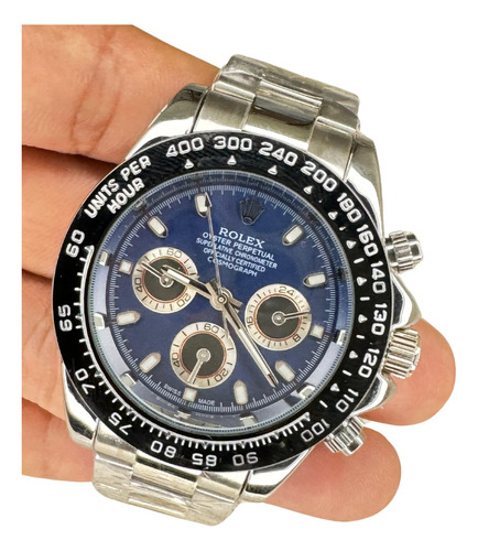 Relogio Masculino Rolex Daytona Prata Com Azul Bisel Preto