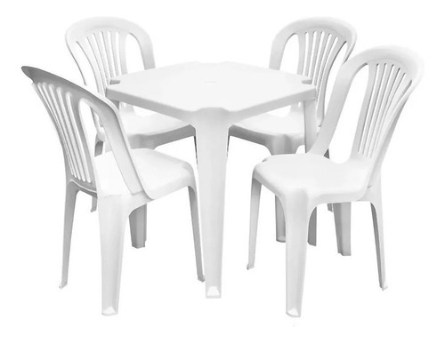 Kit Mesa Plástica Branca Quadrada C/ 4 Cadeira Bistro Branca Cor Branco