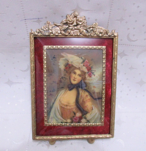 Antiguo Cuadro Miniatura Dama Rosas Pintada A Mano Firmada 