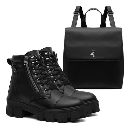 Kit Bota Coturno Feminino Preto Tratorado Rock+ Mini Mochila