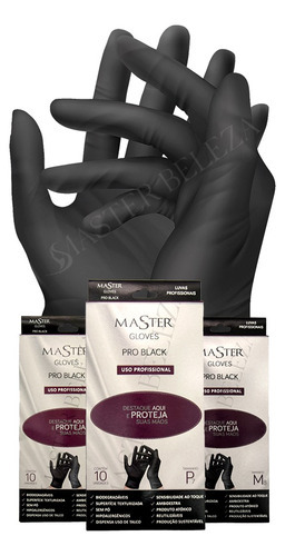 Luva De Látex Master Pro Black Tamanho M Reutilizável Sem Pó Cor Preto Tamanho Médio