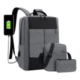 Mochila Usb  Bolsa  Lapicera, Set 3 Piezas Viaje Escolar Oficina Casual 3005 S Color Gris