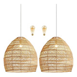 2 Pendente Rustico De Fibra Natural Rattan Vime Nat15 + Led