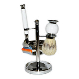 Set De Barbero Metal Madera Brocha Jabonera Afeitadora B7481