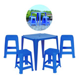 Kit Uma Mesa Quadrada + 4 Banquetas Plástico Azul Empilhável