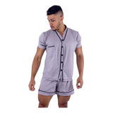 Pijama Americano Masculino De Malha Com Botão Manga Curta