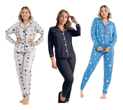 Kit 3 Conjuntos Pijamas Feminino Adulto Aberto Longo Inverno