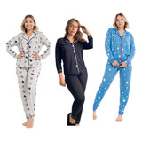 Kit 3 Conjuntos Pijamas Feminino Adulto Aberto Longo Inverno