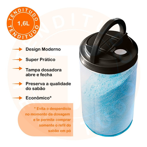 Porta Sabão Pó C/ Alça Tampa Preta Dosadora Dispenser 1,6l