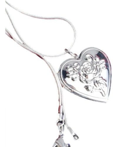 Cadena Y Dije Relicario Corazón Flor De Rosa Plata Ley .925