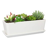 Maceta Rectangular De Ceramica Blanca Para Suculentas