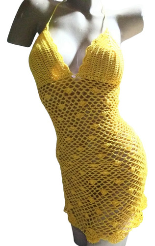 Vestido Mujer Hilo Playero Tejido A Mano Amarillo 