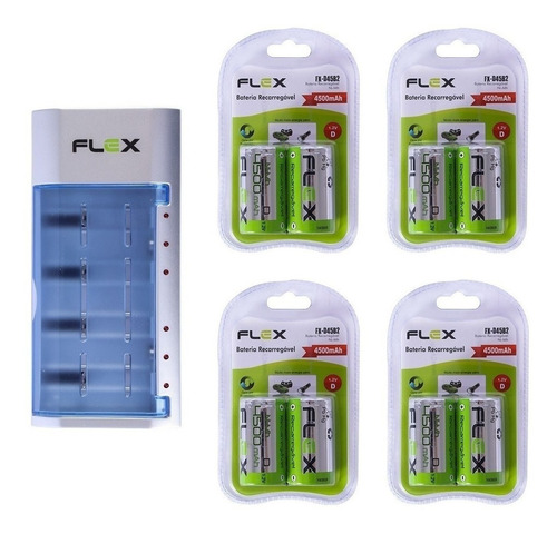 Kit Carregador De Bateria 9v + 8 Pilhas Flex Recarregáveis