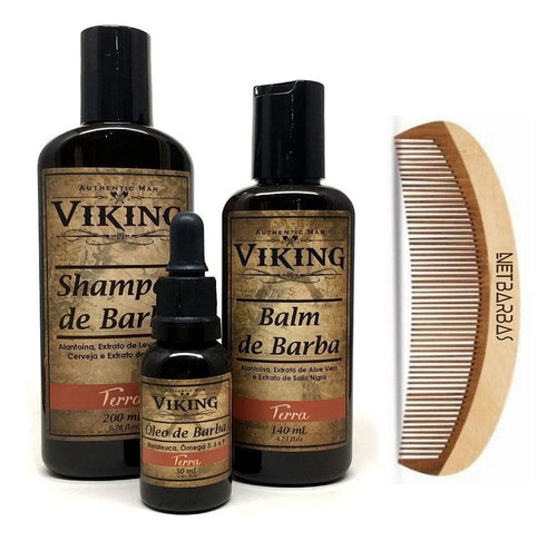 Kit Básico - Shampoo, Balm E Óleo Barba Terra E Pente Viking