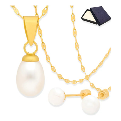 Dije Collar Gargantilla Mujer Perla Oro 10k + Broqueles Aretes Perlas Oro 10k Mujer Dama Niña Joyería Fina 10k Perforación Piercing Perlas Cultivadas Oro 10 Kilates Regalo Mujer Novia 10 Quilates | Envío gratis