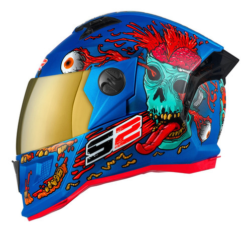 Capacete Fechado Stealth Zombie Ls2 Protork Viseira Dourada Cor Azul Tamanho Do Capacete 56