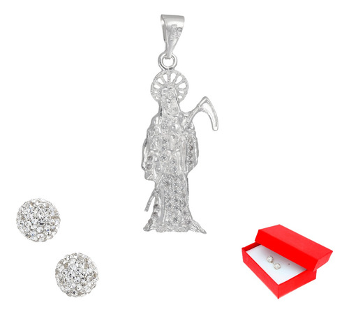 Juego De Plata Santa Muerte Pave Solo Y Aretes De Regalo