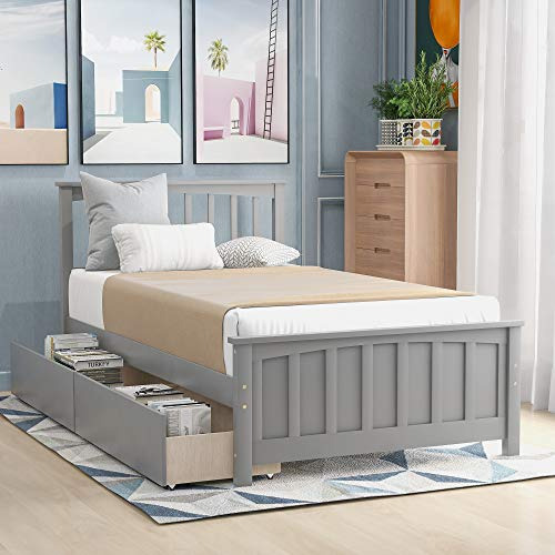 Cama Twin De Madera Con 2 Cajones Y Cabecera, Gris