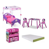 Cama Infantil Con Toldo Juguetero Mesa Y Sillas Minnie Mouse