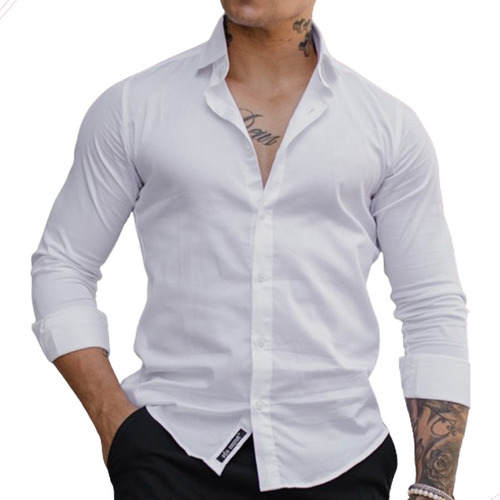 Camisa Masculina Slim Cetim Azul Com Elastano 