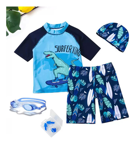 Traje De Baño Para Niños Manga Larga + Gafas De Natación Kit