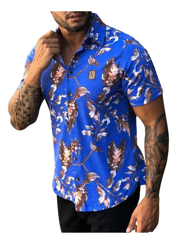 E Camisa Hombre Solapa Estampado Hawaiano Manga Corta Suelta