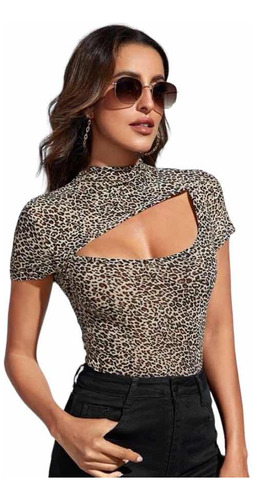 Top Blusa Leopardo Abertura Delantera Ribete Sexy Casual