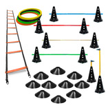 10 Cones Furados C/ 5 Barreiras + 10 Pratos Agilidade + Escada Rígida Funcional  + 12 Argolas Com Bolsa