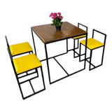 Conjunto Mesa 4 Cadeiras Pequena Estofado Amarelo Wood Box