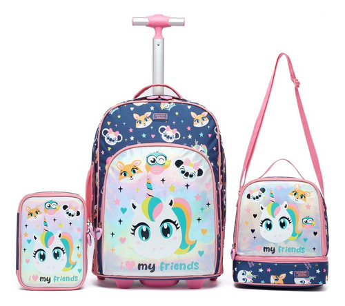 Kit Mochila De Rodinha Infantil Estojo Escolar Lancheira