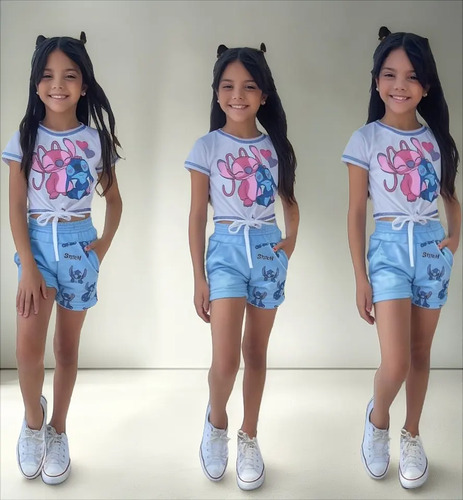 Conjunto Infantil Menina Lilo Stitch Camisa E Bermudinha | Parcelamento sem juros