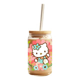 Vaso Lata Con Tapa De Bamboo Y Bombilla Hello Kitty - Flores