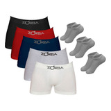 Kit 5 Cuecas Boxer Algodão Sem Zorba + 3 Pares De Meias