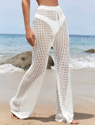 Calça Saída De Praia Tricot Linha Furadinha Rendada Verão