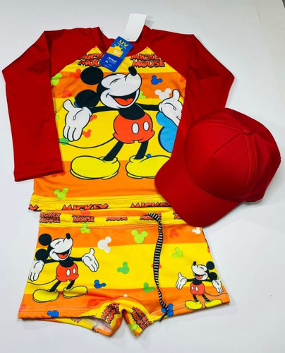 Sunga Infantil + Blusa Com Proteção Solar + Boné Personagens