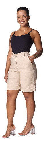 Bermuda Short Feminino Linho Alfaiataria Com Bolso Na Frente